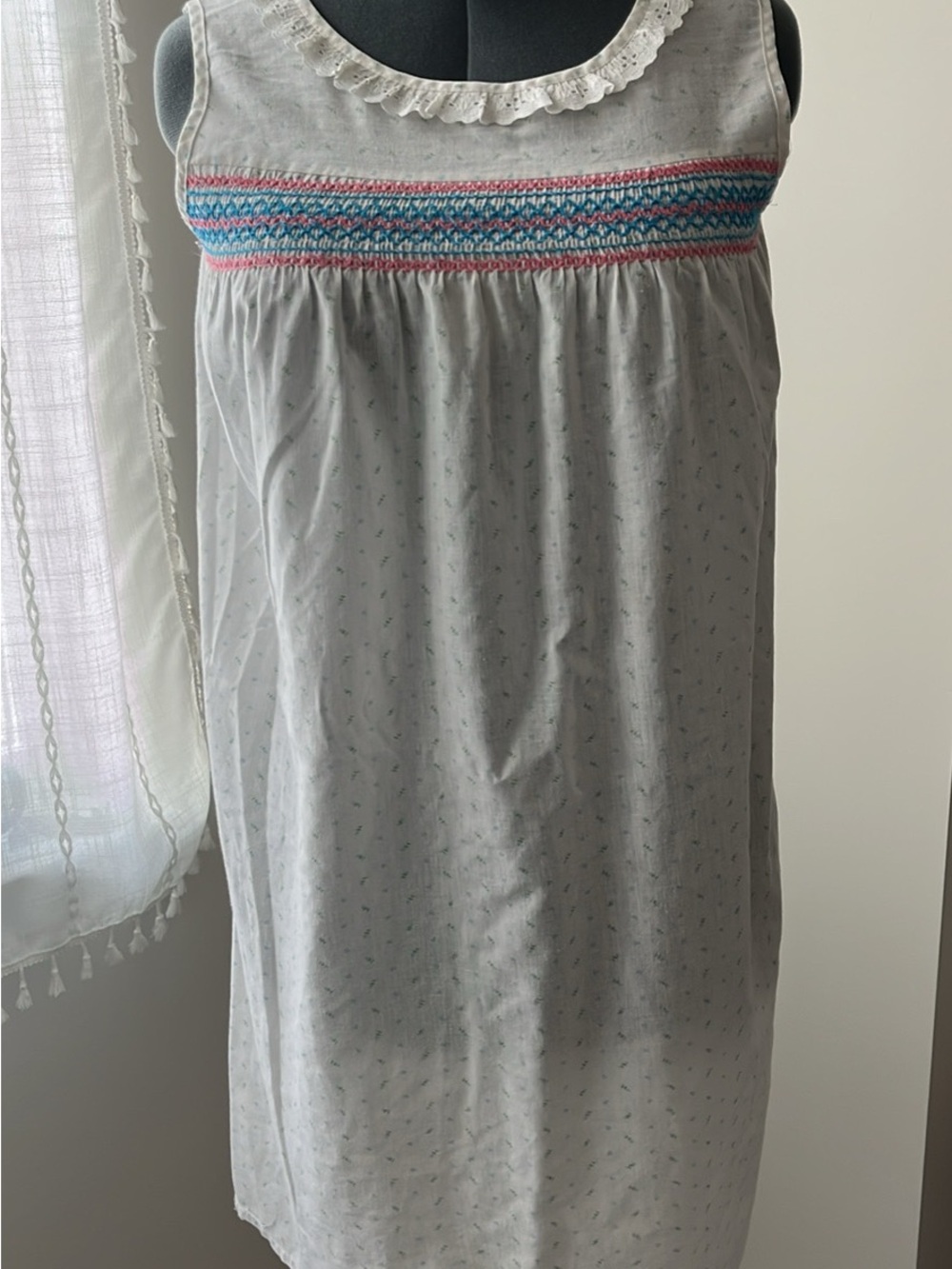 Sleeveless White Nightgown with Pink & Blue Smocking